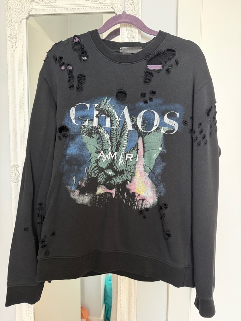 AMIRI Black CHAOS Distressed Graphic Sweatshirt with Multicolor Print